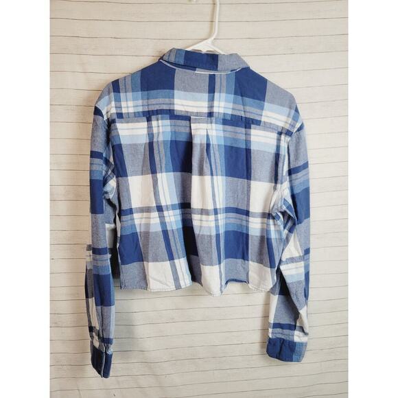 ROXY Both Ways Plaid Long Sleeve Cropped Button Up in Blue, sz Large - Picture 10 of 16